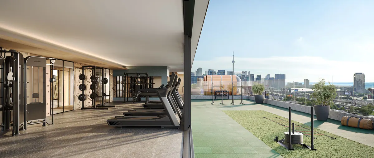 Artist's concept of the fitness centre with cardio machines and an outdoor training area overlooking the skyline