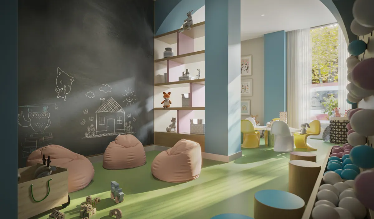 Artist's concept of the Kids Club with bean bags, a chalkboard wall and play shelves