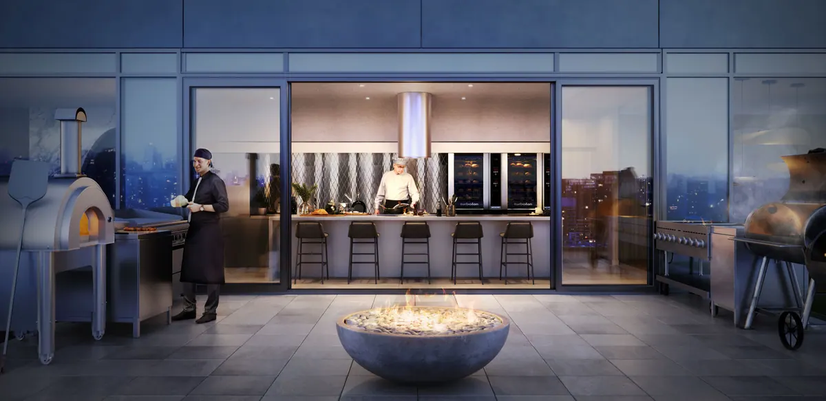 Artist's concept of the rooftop indoor/outdoor kitchen with a pizza oven and a fire bowl