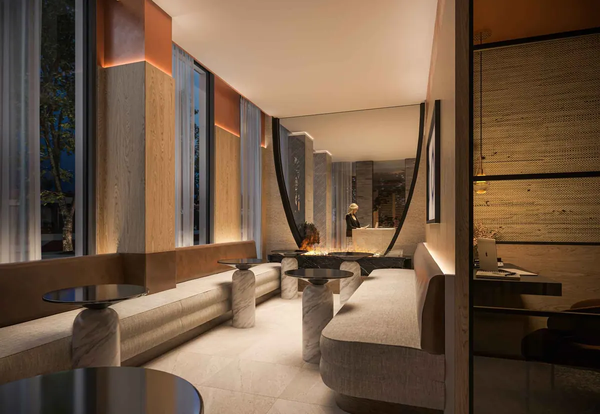 Artist's concept of the Curated Sky Lounge with banquette seating and warm lighting