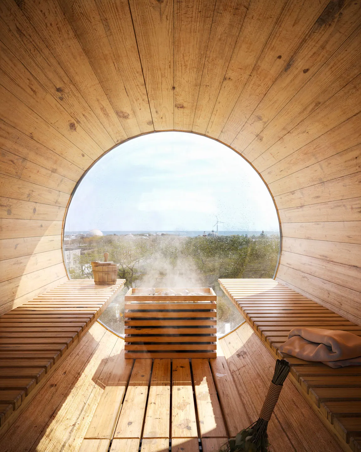 Artist's concept of a barrel sauna with a round window looking out to the lake