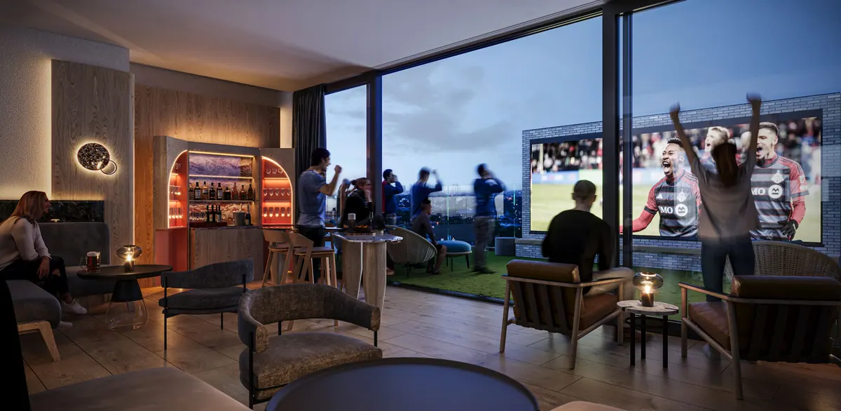 Artist's concept of the rooftop theatre and cocktail lounge with lounge seating facing a large screen