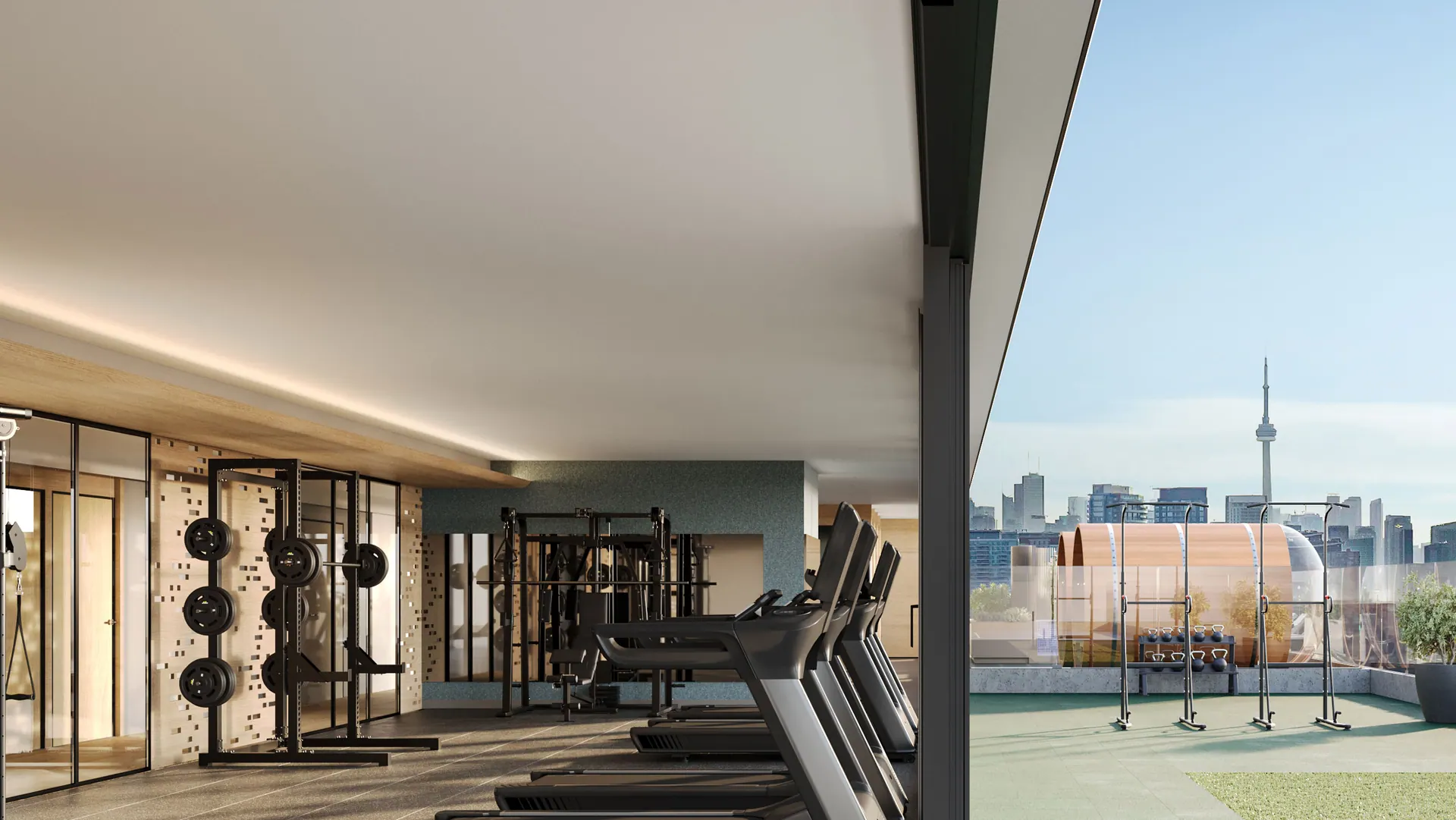 Artist's concept of the rooftop fitness centre opening onto an outdoor terrace with the CN Tower in view