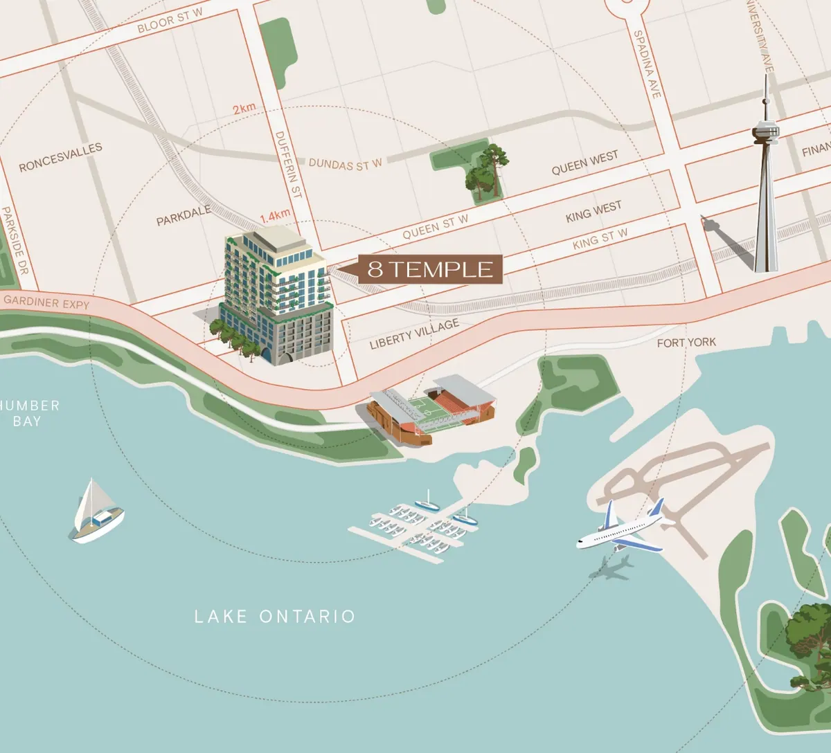 Illustrated map of 8 Temple in west Liberty Village, between Queen Street West and Lake Ontario