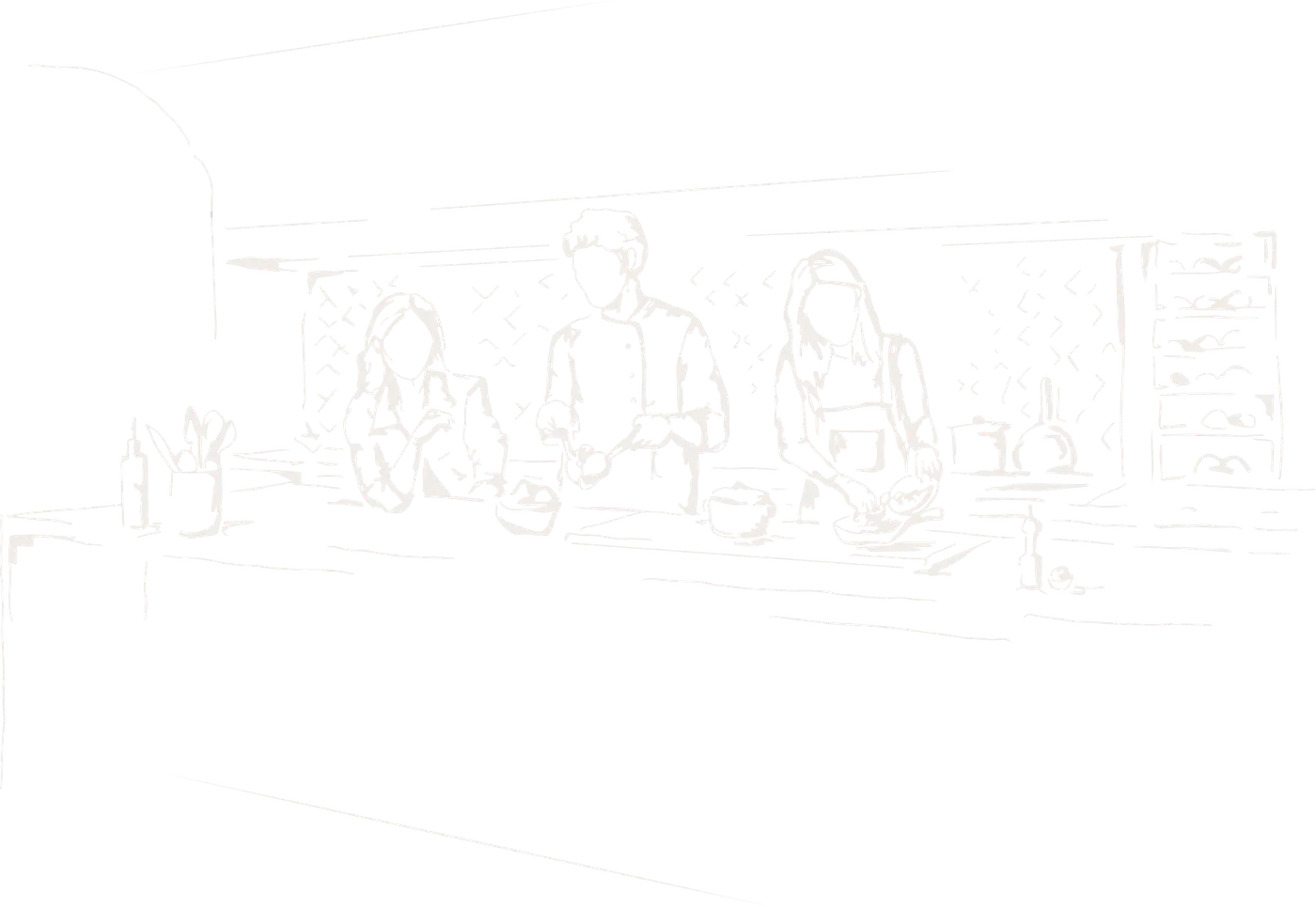 Line sketch of residents gathered at the rooftop bar