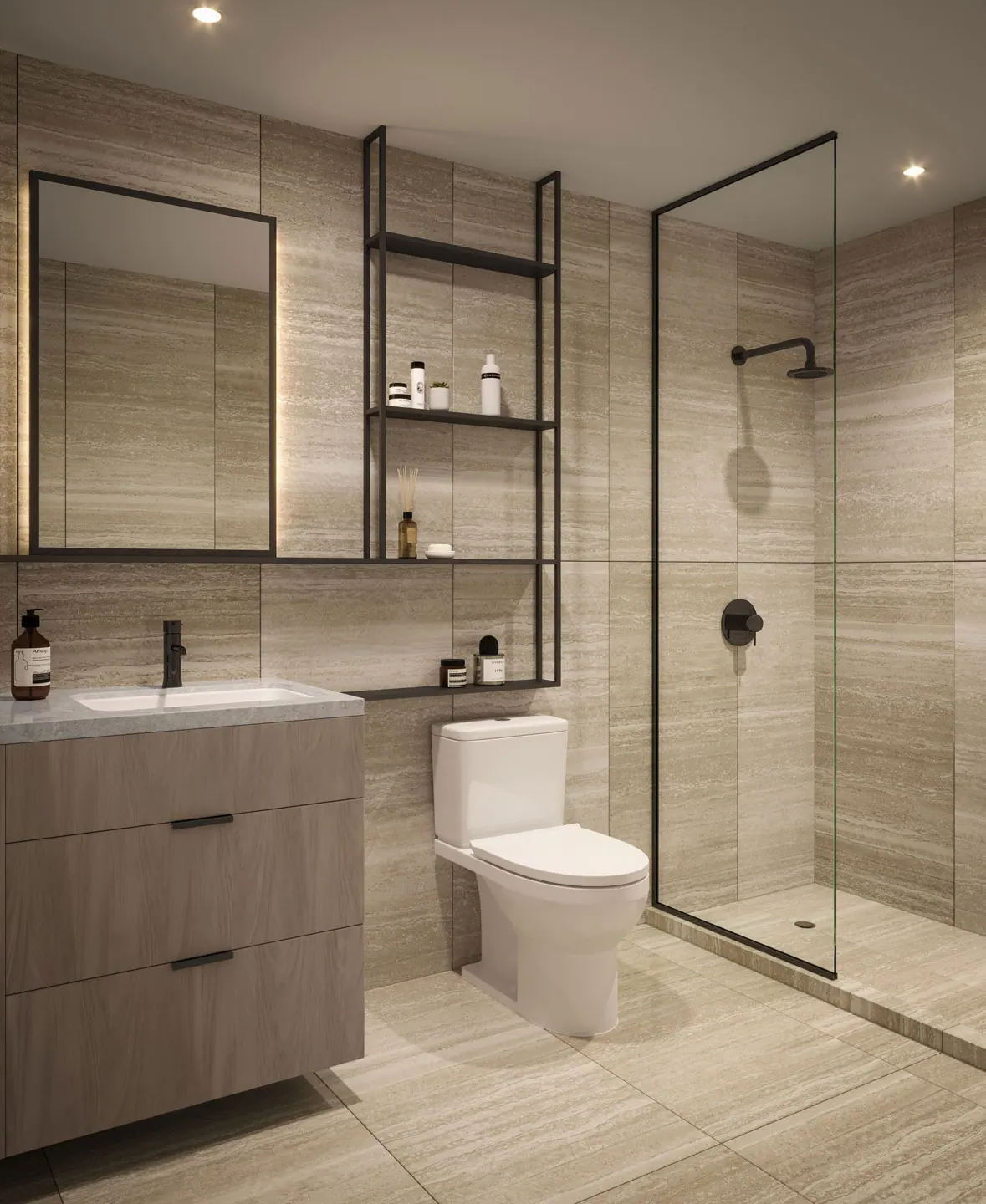 Artist's concept of a suite bathroom with a glass shower enclosure, custom vanity and black fixtures