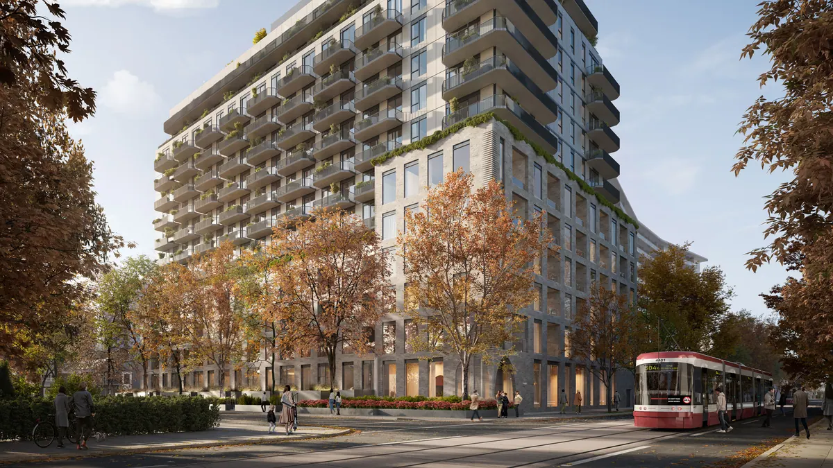 Artist's concept of 8 Temple from the corner of Dufferin Street and Temple Avenue in autumn
