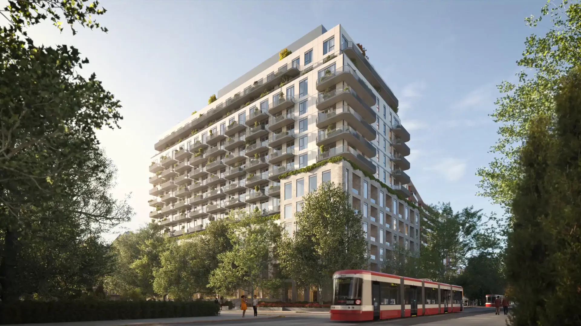Artist's concept of 8 Temple, a 15-storey building with terraced balconies, seen from Dufferin Street with a streetcar passing