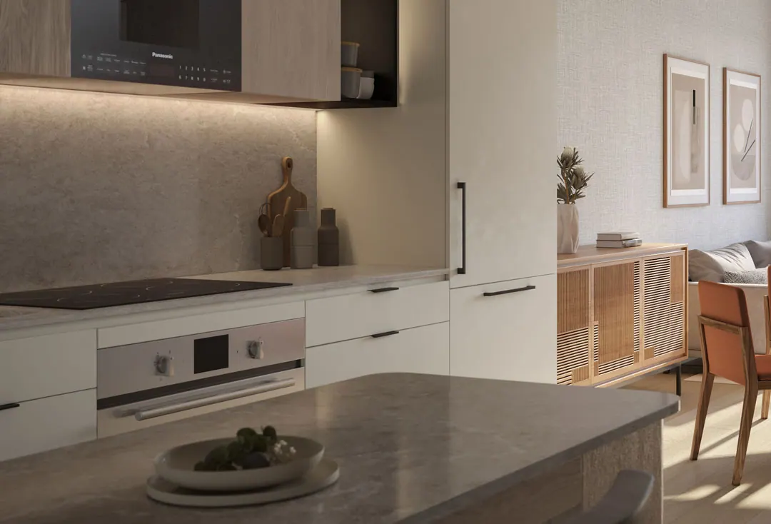 Artist's concept of a suite kitchen with quartz counters, integrated cooktop and custom cabinetry