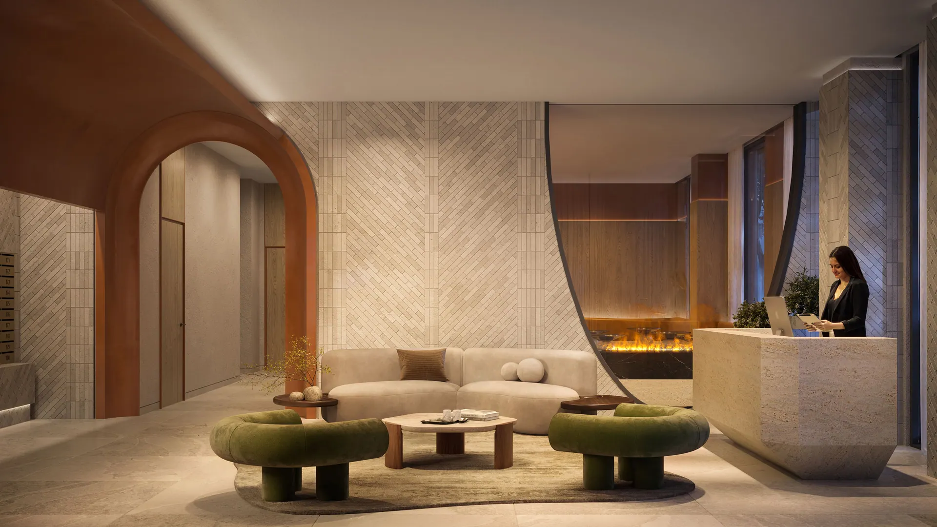 Artist's concept of the 8 Temple lobby lounge with an arched doorway, sculptural seating and a fireplace behind the concierge desk