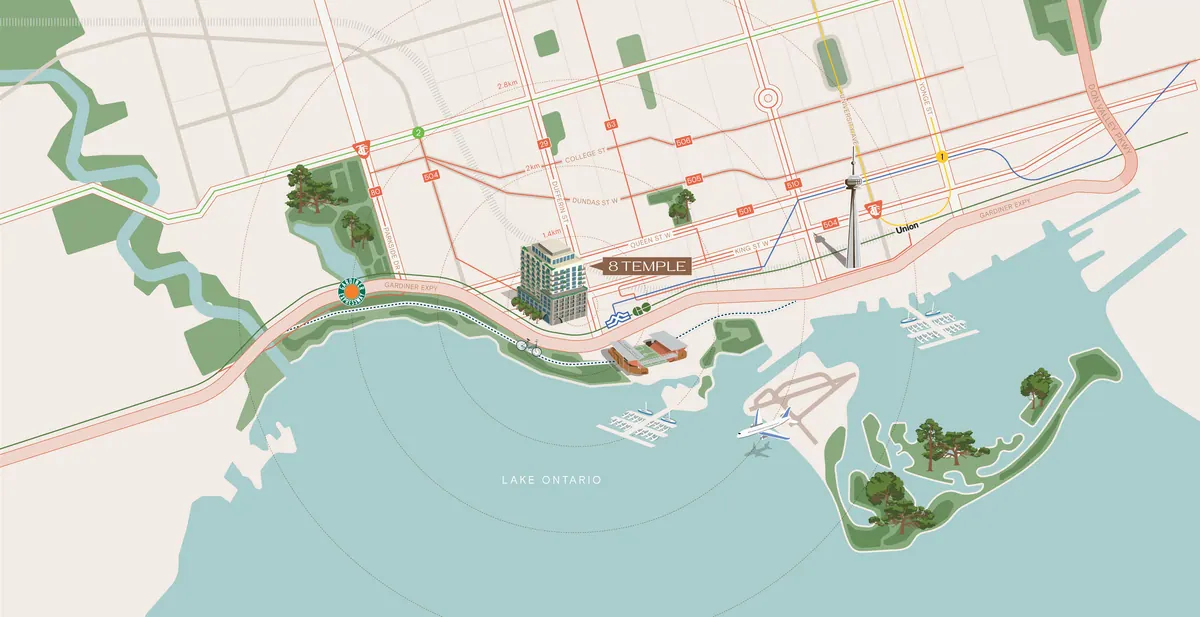 Illustrated transit map around 8 Temple showing streetcar, GO and subway routes