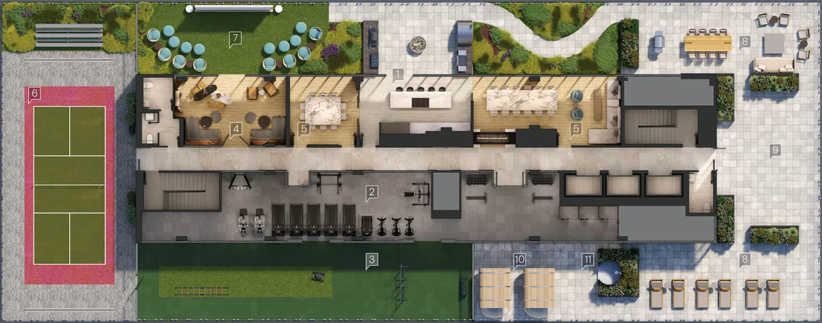 Artist's concept plan of the 15th-floor rooftop amenities, with numbered areas from the pickleball court to the outdoor saunas