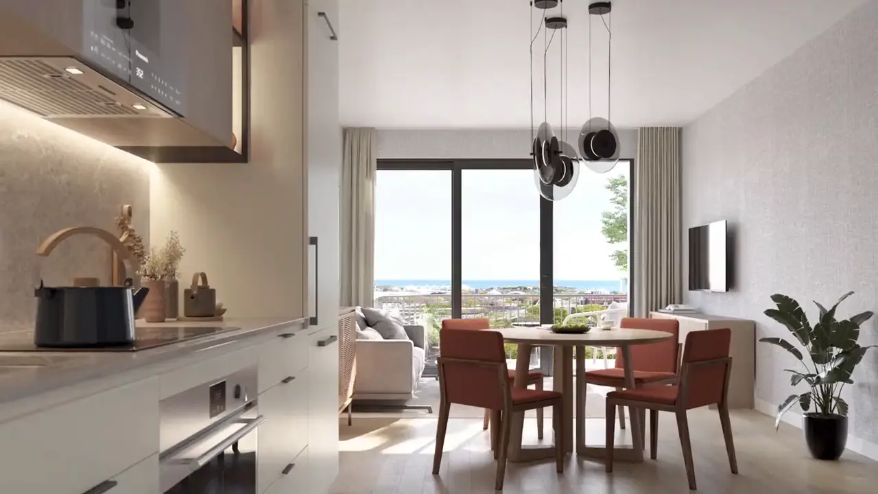 Artist's concept of a suite kitchen and dining area with a balcony door and lake views